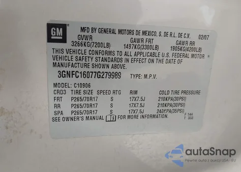 2007 Chevrolet Suburban 1500 Lt from USA, damaged, VIN 3GNFC16077G279989